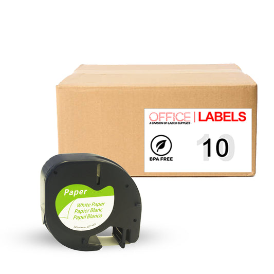 10 Pack of 91330 Black on White Compatible Paper Tape for Dymo Letratag 1/2" (12mm x 4m)