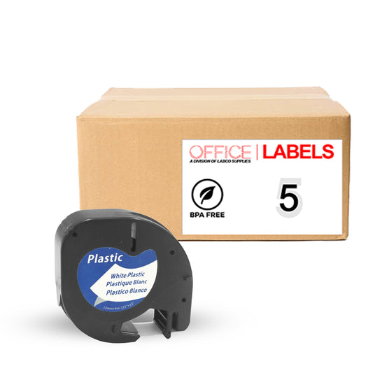 5 Pack of 91331 Black on White Compatible Vinyl Tape for Dymo Letratag 1/2" (12mm x 4m)